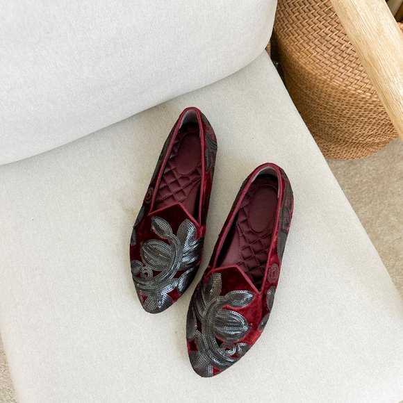 Birdies Shoes - Birdies The Heron Velvet Flats Shoes Marron And Black Sequin size 7